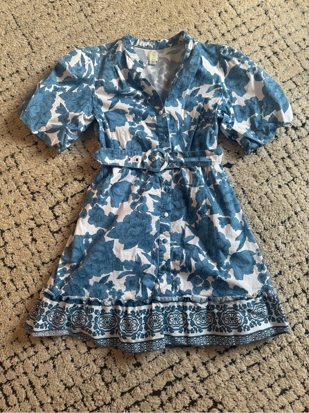 Blue and white floral belted dress